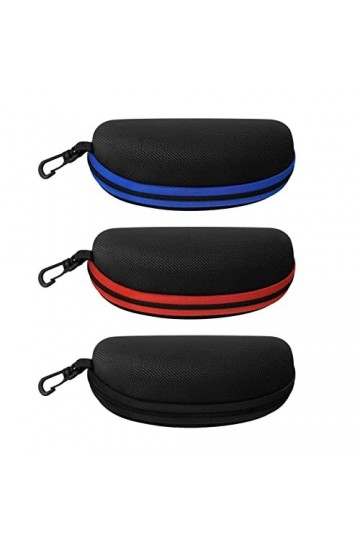 YEESON Lot de 3 étuis à lunettes de soleil portables avec fermeture éclair et crochet pour homme et femme, Bleu + rouge + noi