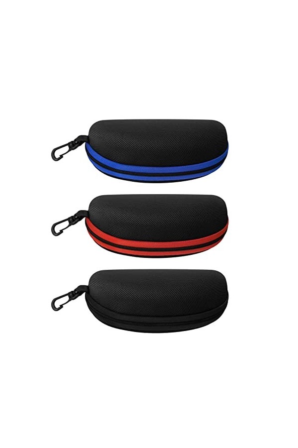 YEESON Lot de 3 étuis à lunettes de soleil portables avec fermeture éclair et crochet pour homme et femme, Bleu + rouge + noi