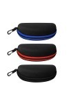 YEESON Lot de 3 étuis à lunettes de soleil portables avec fermeture éclair et crochet pour homme et femme, Bleu + rouge + noi