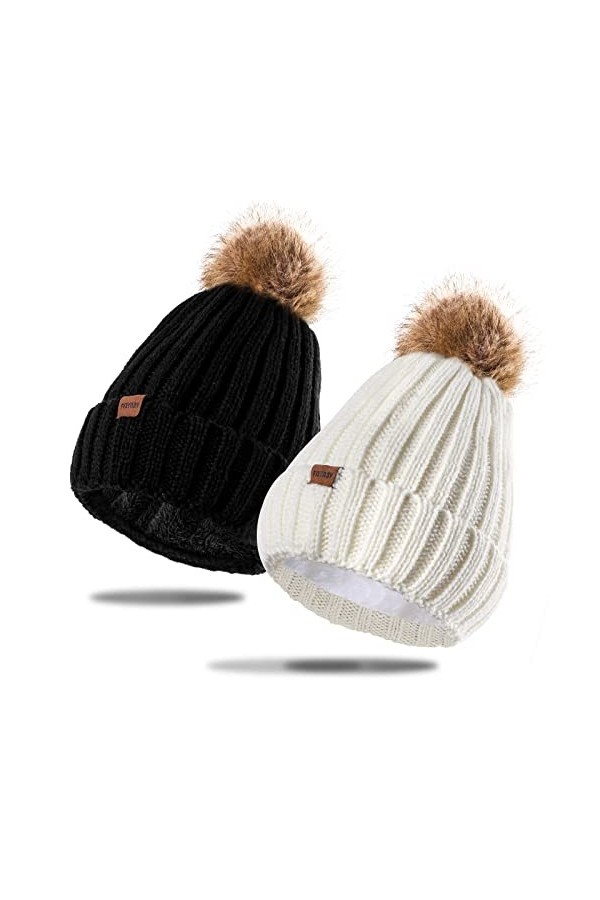 2 Pièces Femme Bonnet en Tricot avec Pompon, Noir Blanc Hiver Chaud Chapeau Doublé Polaire Slouchy Knitted Beanie Hats