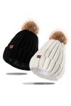 2 Pièces Femme Bonnet en Tricot avec Pompon, Noir Blanc Hiver Chaud Chapeau Doublé Polaire Slouchy Knitted Beanie Hats