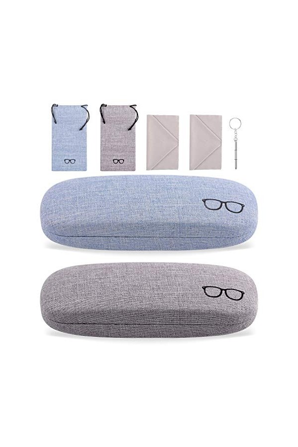 Vetoo Lot de 2 étuis à lunettes portables en lin pour rangement de lunettes de soleil, Bleu + gris., taille unique