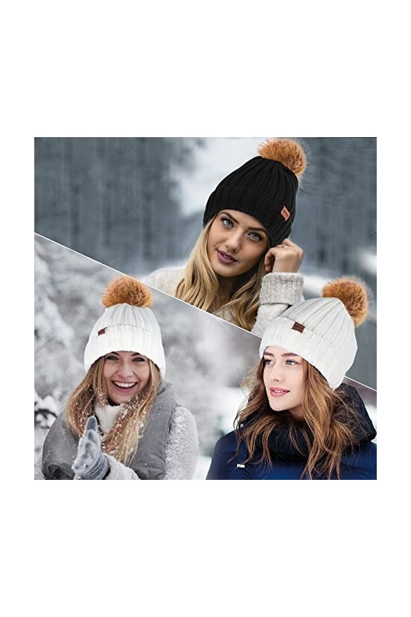 2 Pièces Femme Bonnet en Tricot avec Pompon, Noir Blanc Hiver Chaud Chapeau Doublé Polaire Slouchy Knitted Beanie Hats