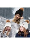 2 Pièces Femme Bonnet en Tricot avec Pompon, Noir Blanc Hiver Chaud Chapeau Doublé Polaire Slouchy Knitted Beanie Hats