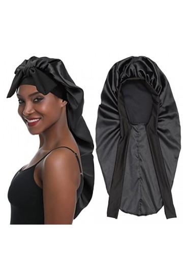 SENGTERM Bonnet en Satin Long Bonnet de Nuit Bande Élastique Douce Bonnet de Couchage Chouchous en Satin pour Long, Bouclés C
