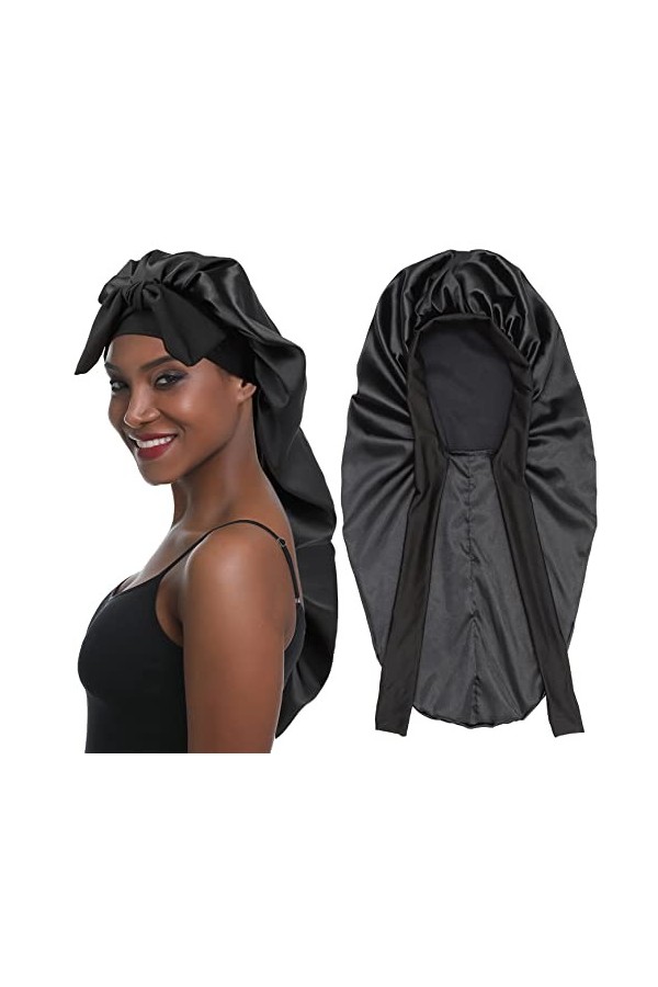 SENGTERM Bonnet en Satin Long Bonnet de Nuit Bande Élastique Douce Bonnet de Couchage Chouchous en Satin pour Long, Bouclés C