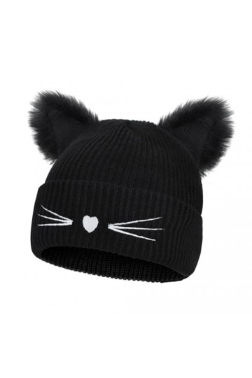 Bonnet Tricoté Femme Chapeau d’Oreilles de Chat Hiver Chaud Cap Hats en Tricot Elastique Bonnet de Ski avec Duvet et Broderie