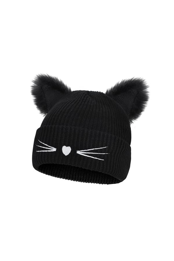 Bonnet Tricoté Femme Chapeau d’Oreilles de Chat Hiver Chaud Cap Hats en Tricot Elastique Bonnet de Ski avec Duvet et Broderie