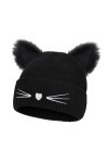 Bonnet Tricoté Femme Chapeau d’Oreilles de Chat Hiver Chaud Cap Hats en Tricot Elastique Bonnet de Ski avec Duvet et Broderie
