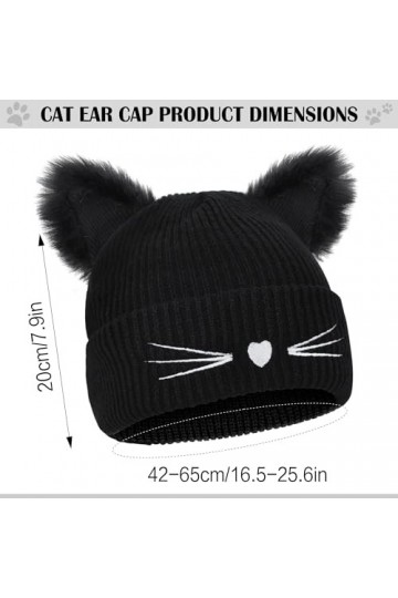 Bonnet Tricoté Femme Chapeau d’Oreilles de Chat Hiver Chaud Cap Hats en Tricot Elastique Bonnet de Ski avec Duvet et Broderie