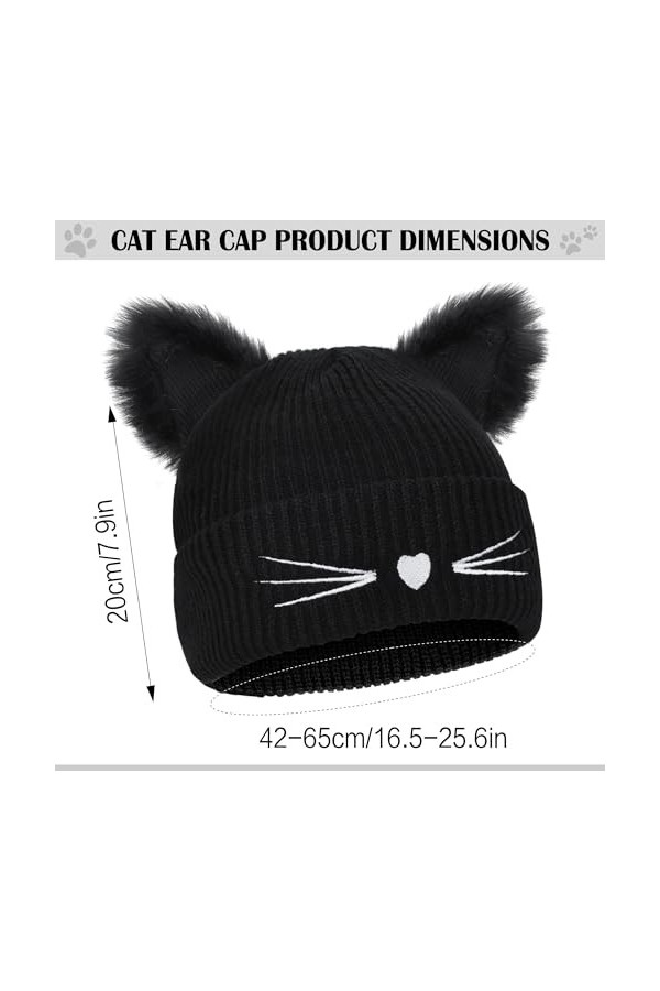 Bonnet Tricoté Femme Chapeau d’Oreilles de Chat Hiver Chaud Cap Hats en Tricot Elastique Bonnet de Ski avec Duvet et Broderie