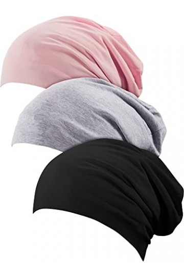 3 Pièces Bonnet de Nuit Doublé en Satin Bonnet Slouchy Bonnet Slap pour Femmes ,Taille unique,Noir, Gris, Rose