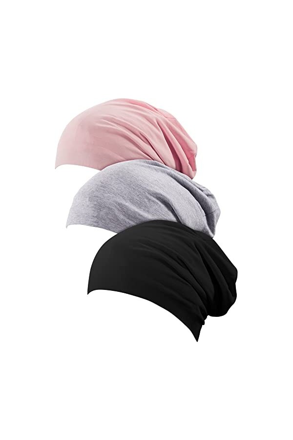 3 Pièces Bonnet de Nuit Doublé en Satin Bonnet Slouchy Bonnet Slap pour Femmes ,Taille unique,Noir, Gris, Rose