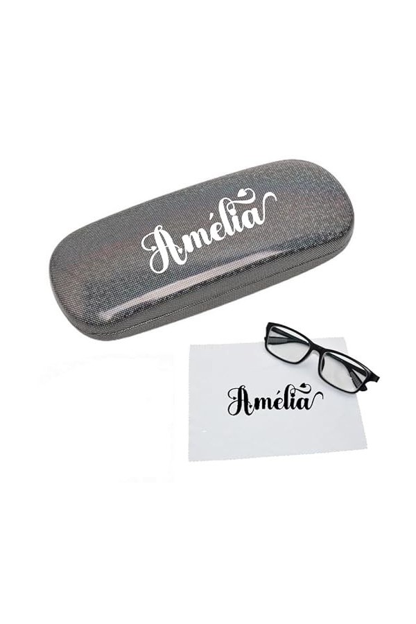 Taperso Etui a lunettes Noir a paillette motif avec votre prenom diablotin personnalisable