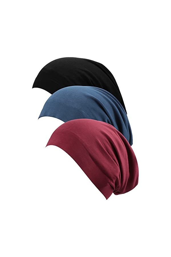 3 Pièces Bonnet de Nuit Doublé en Satin Bonnet Slouchy Bonnet Slap pour Femmes ,Taille unique,Noir, Gris, Rose