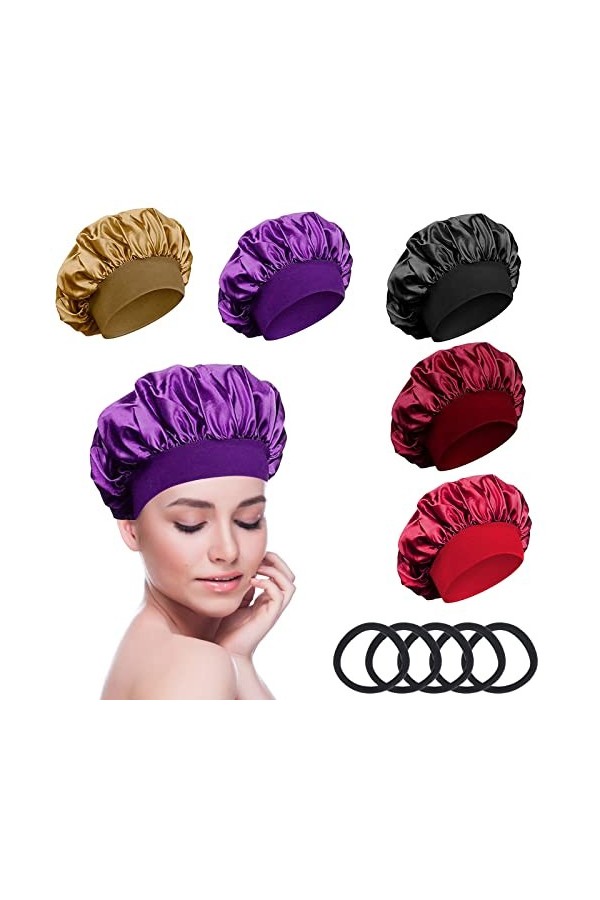 xnnmzhao Satin Bonnet Lot de 5 Bonnets de Sommeil en Satin avec 5 élastiques pour Cheveux Bonnet de Sommeil en Satin pour Fem