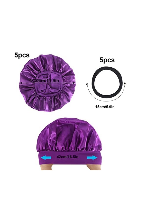 xnnmzhao Satin Bonnet Lot de 5 Bonnets de Sommeil en Satin avec 5 élastiques pour Cheveux Bonnet de Sommeil en Satin pour Fem