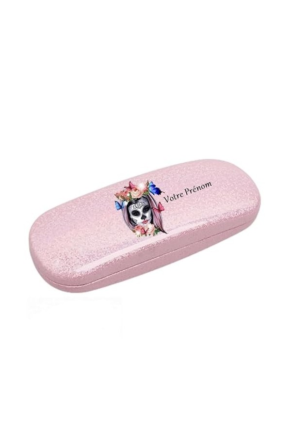 Etui a lunettes rose a paillette motif Tete de mort mexicaine calavera personnalisable