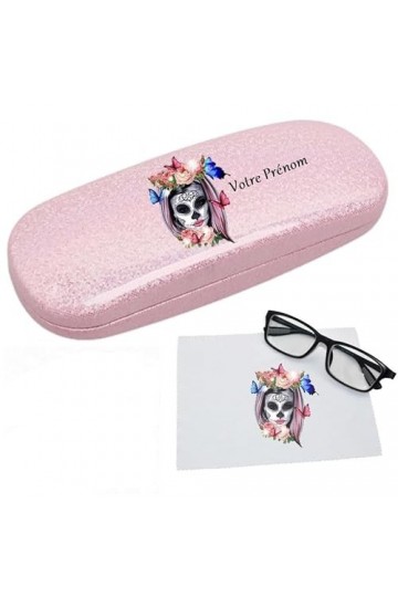Etui a lunettes rose a paillette motif Tete de mort mexicaine calavera personnalisable