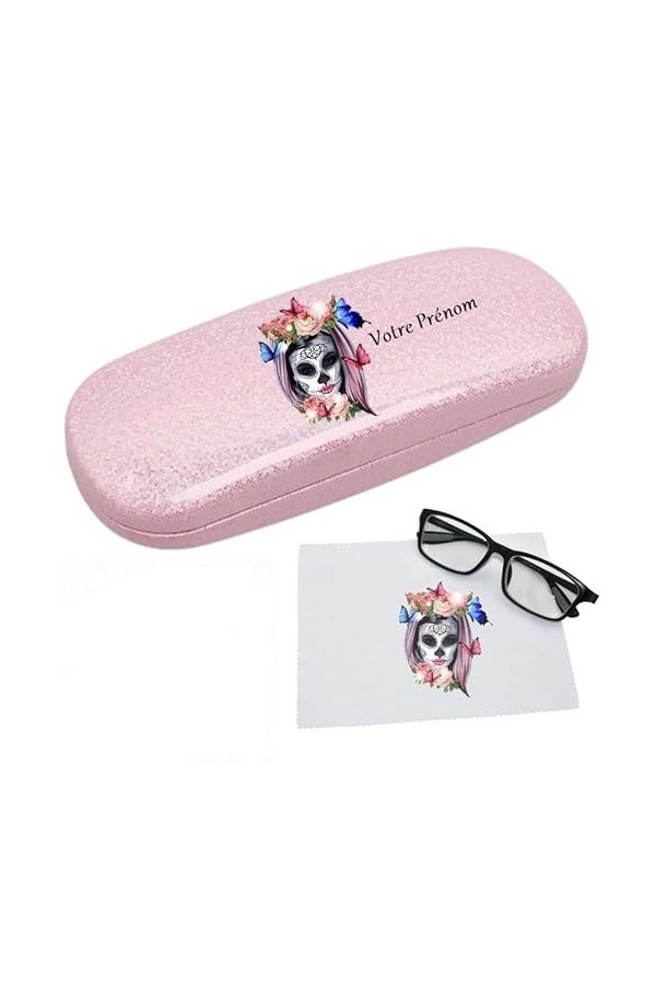 Etui a lunettes rose a paillette motif Tete de mort mexicaine calavera personnalisable