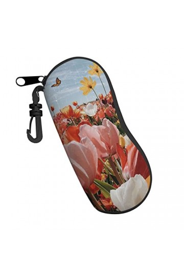 Étui à lunettes ultra léger avec clip ceinture et fermeture éclair Motif papillons, tulipes et fleurs, Noir , taille unique