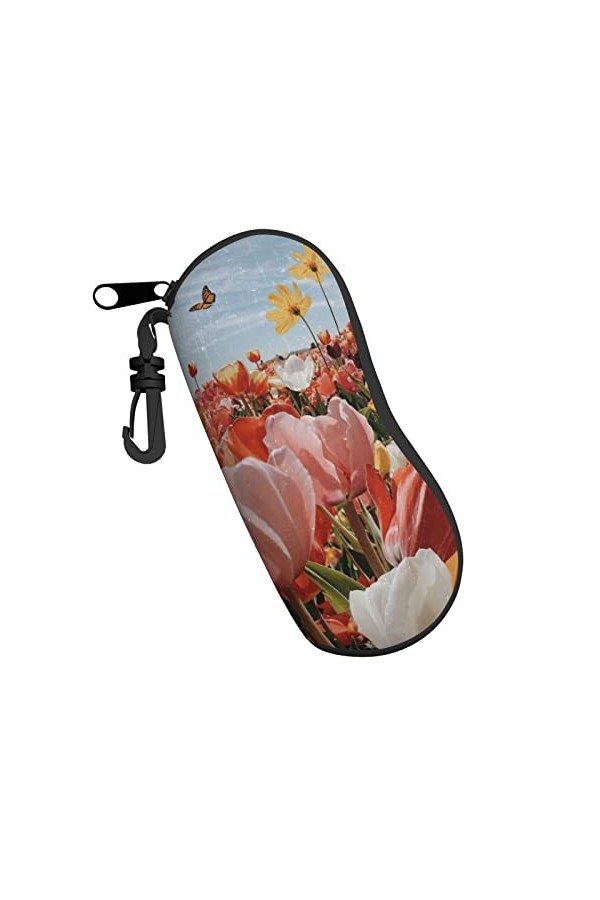 Étui à lunettes ultra léger avec clip ceinture et fermeture éclair Motif papillons, tulipes et fleurs, Noir , taille unique