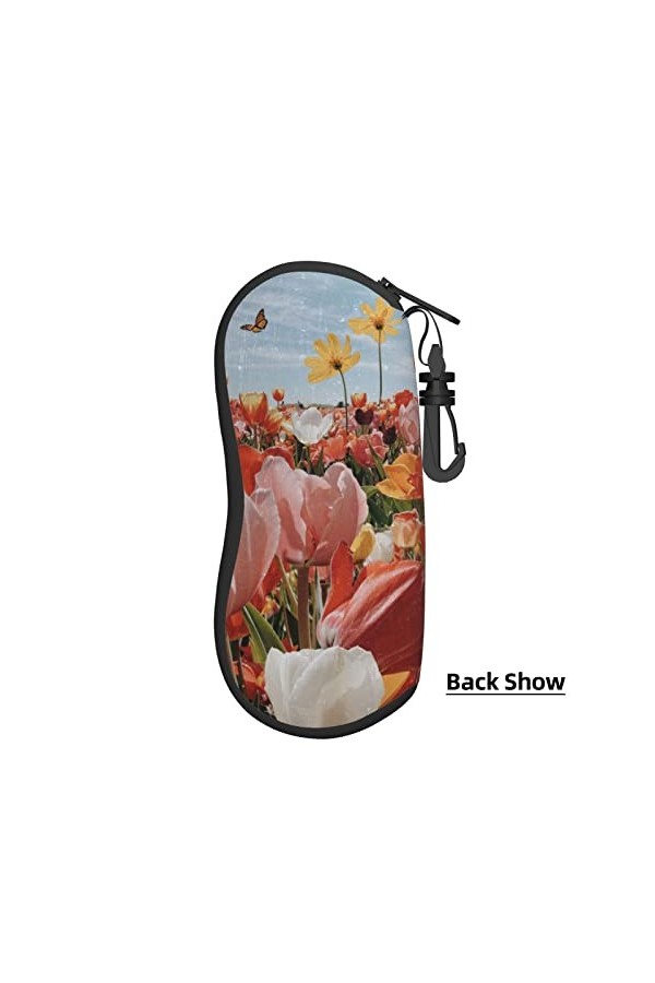 Étui à lunettes ultra léger avec clip ceinture et fermeture éclair Motif papillons, tulipes et fleurs, Noir , taille unique
