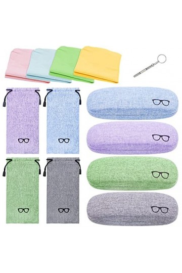 JUMRHFAN Lot de 4 étuis à lunettes, étui rigide pour lunettes de soleil avec pochette à cordon de serrage, chiffon de nettoya