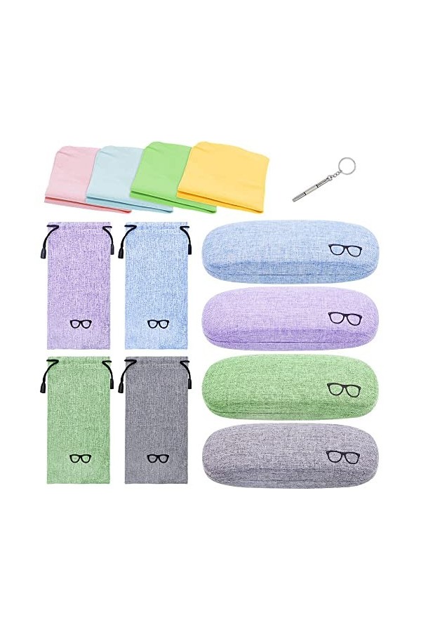 JUMRHFAN Lot de 4 étuis à lunettes, étui rigide pour lunettes de soleil avec pochette à cordon de serrage, chiffon de nettoya