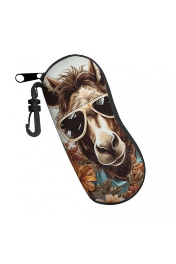 Étui à lunettes de soleil vintage avec fermeture éclair et clip Motif âne et fleurs, Noir , taille unique