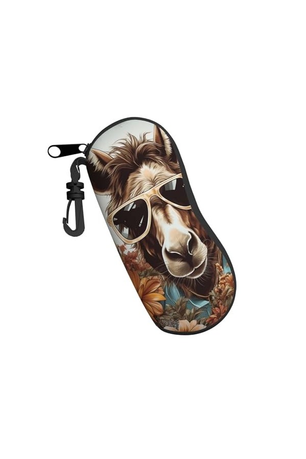 Étui à lunettes de soleil vintage avec fermeture éclair et clip Motif âne et fleurs, Noir , taille unique