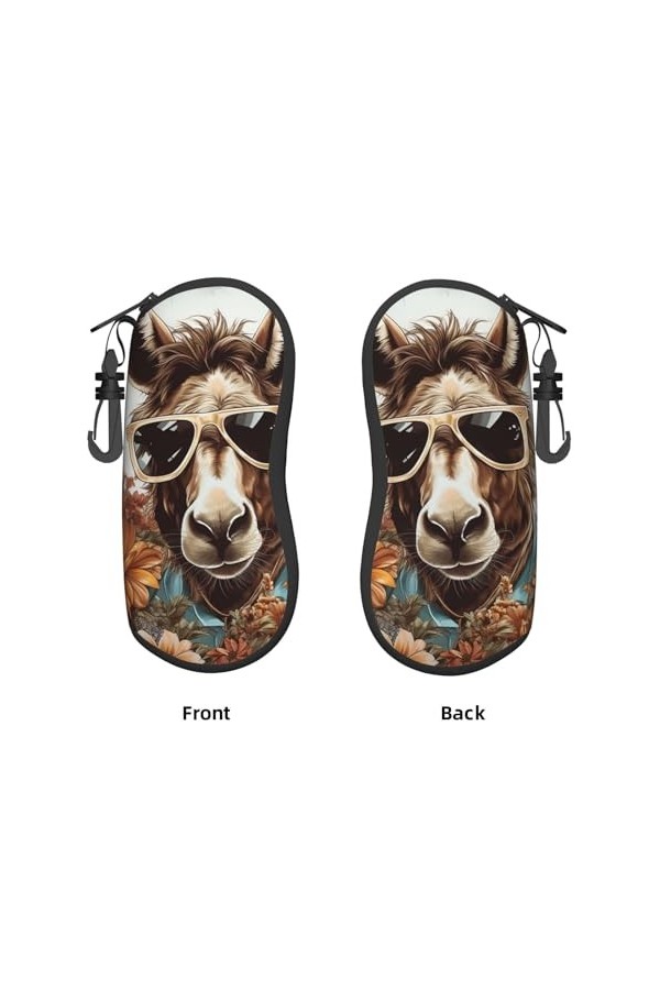 Étui à lunettes de soleil vintage avec fermeture éclair et clip Motif âne et fleurs, Noir , taille unique