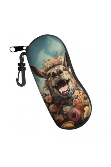 Étui à lunettes vintage amusant avec fermeture éclair et clip - Motif âne et fleurs, Noir , taille unique