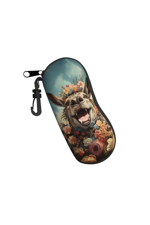 Étui à lunettes vintage amusant avec fermeture éclair et clip - Motif âne et fleurs, Noir , taille unique