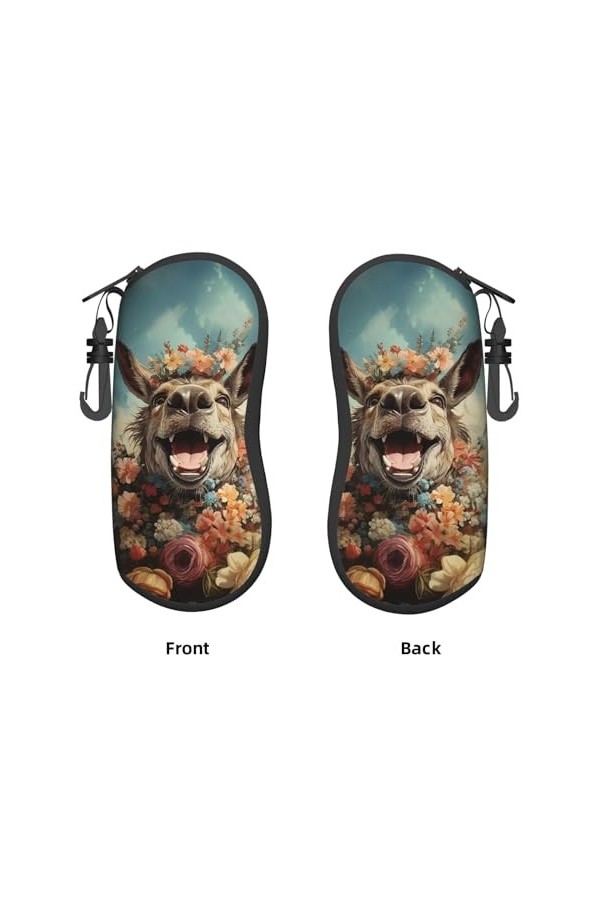 Étui à lunettes vintage amusant avec fermeture éclair et clip - Motif âne et fleurs, Noir , taille unique