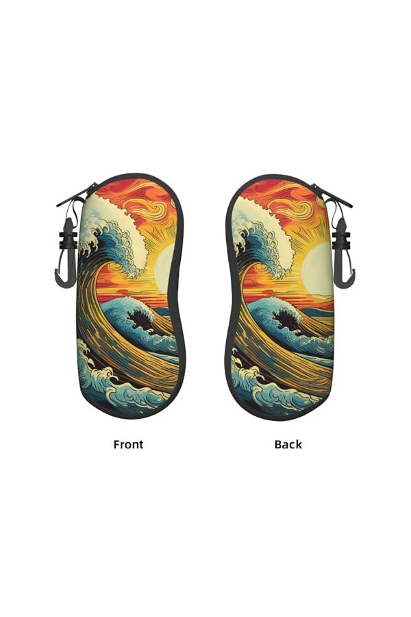 Étui souple avec fermeture éclair pour lunettes de soleil et vagues creuses - Pour homme et femme - Avec clip, Noir , taille 