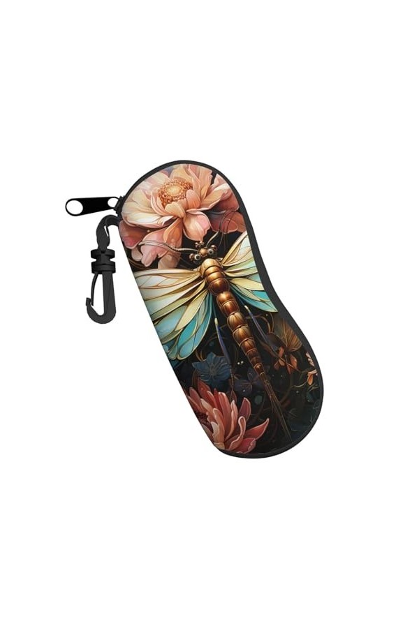 Étui souple avec fermeture éclair et clip pour lunettes de soleil Motif libellule Lotus Art coloré Pour homme et femme, Noir 