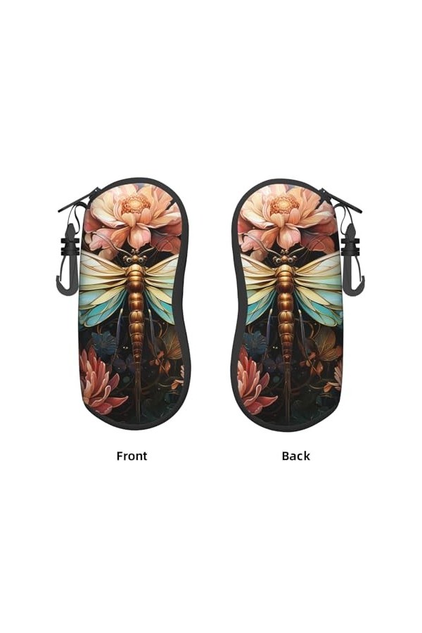 Étui souple avec fermeture éclair et clip pour lunettes de soleil Motif libellule Lotus Art coloré Pour homme et femme, Noir 