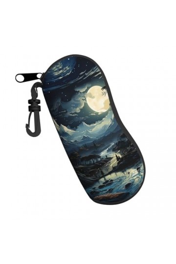 Étui souple avec clip pour lunettes de soleil - Motif paysage pleine lune - Pour homme et femme - Portable - Fermeture éclair