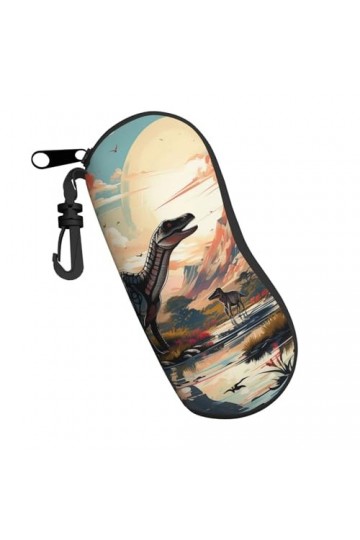 Étui à lunettes souple avec fermeture éclair et clip - Motif dinosaure coloré - Pour homme et femme, Noir , taille unique