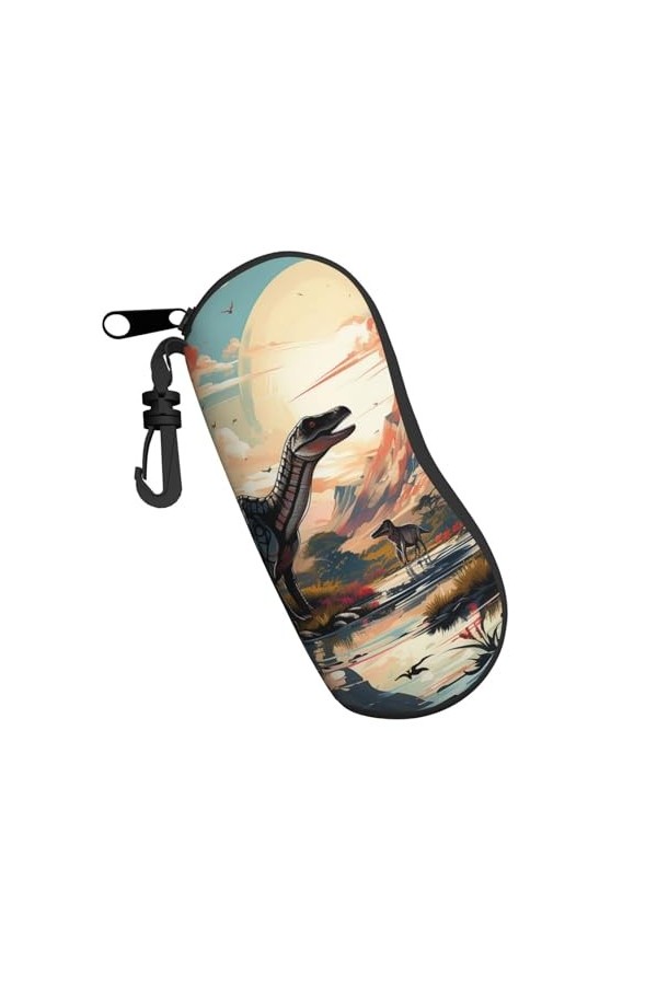 Étui à lunettes souple avec fermeture éclair et clip - Motif dinosaure coloré - Pour homme et femme, Noir , taille unique
