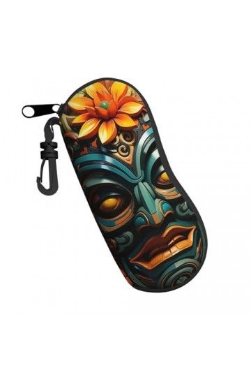 Tiki Étui souple pour lunettes de soleil Motif masque tribal hawaïen Style ethnique rétro Pour homme et femme Avec fermeture 