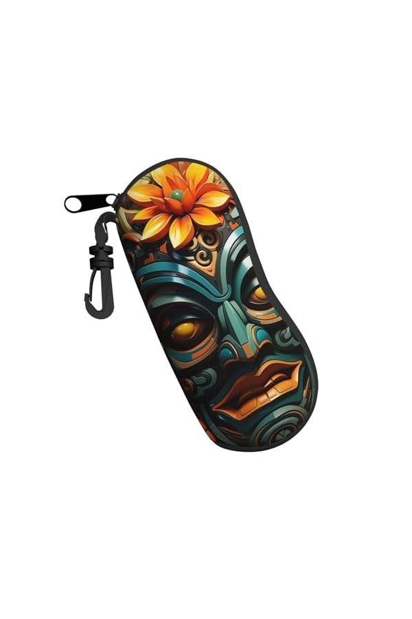 Tiki Étui souple pour lunettes de soleil Motif masque tribal hawaïen Style ethnique rétro Pour homme et femme Avec fermeture 