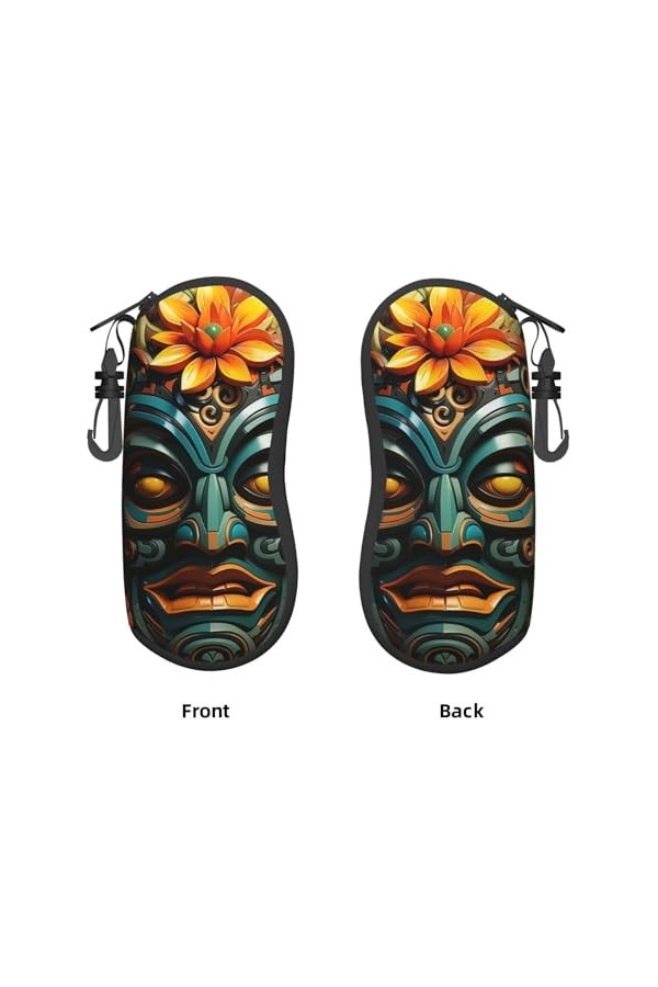 Tiki Étui souple pour lunettes de soleil Motif masque tribal hawaïen Style ethnique rétro Pour homme et femme Avec fermeture 
