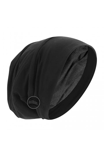 Molain Bonnet de nuit en satin doublé de satin - Bonnet souple réglable pour rester en place - Doublure en soie - Noir