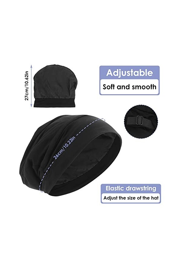 Molain Bonnet de nuit en satin doublé de satin - Bonnet souple réglable pour rester en place - Doublure en soie - Noir