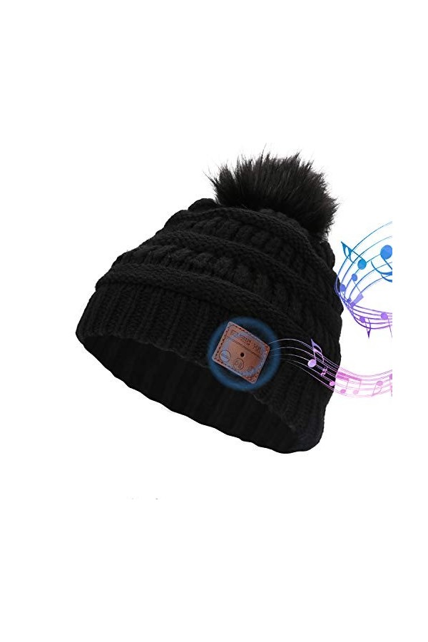 LINGSFIRE Bonnet Bluetooth pour Femme - Chaud dhiver tricoté sans Fil - Casque Amovible avec Pompon - Lavable - Convient pou