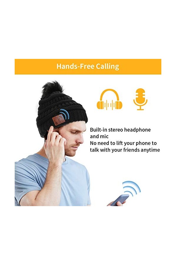 LINGSFIRE Bonnet Bluetooth pour Femme - Chaud dhiver tricoté sans Fil - Casque Amovible avec Pompon - Lavable - Convient pou