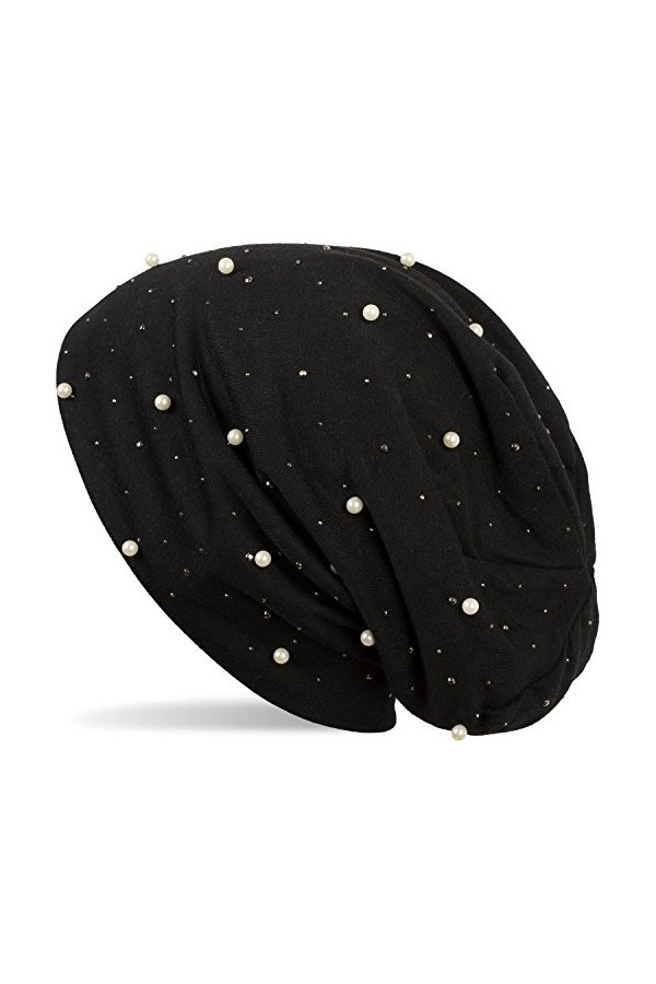 styleBREAKER Bonnet avec Perles et Strass, Bonnet Mou, Unisexe 04024140, Couleur:Noir