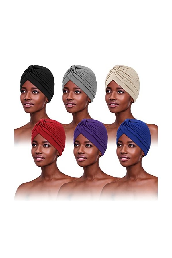 PHOGARY 6 Pièces Turban pour Femme, Foulard Cheveux Bonnet Turban Bonnet de Nuit Bandana Cheveux Femme Plissé Turban Africain
